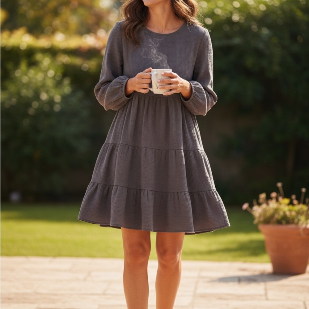 Reverof Gray Tiered Long Sleeve Dress